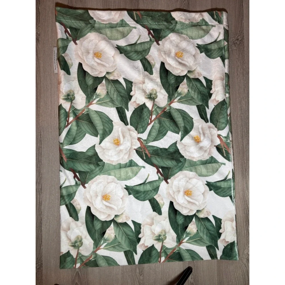 Minky Couture White Camellia Floral Plush Pillowcase Green Leaves Botanical